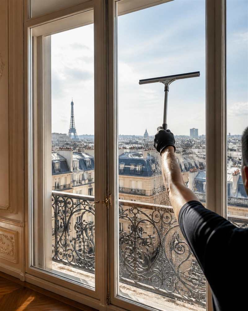 Lavage de vitres avec vue sur Paris